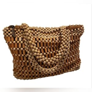 Vintage Hand Strung Slouchy Wooden Beaded Handbag Top Zip Woven Bead Handle